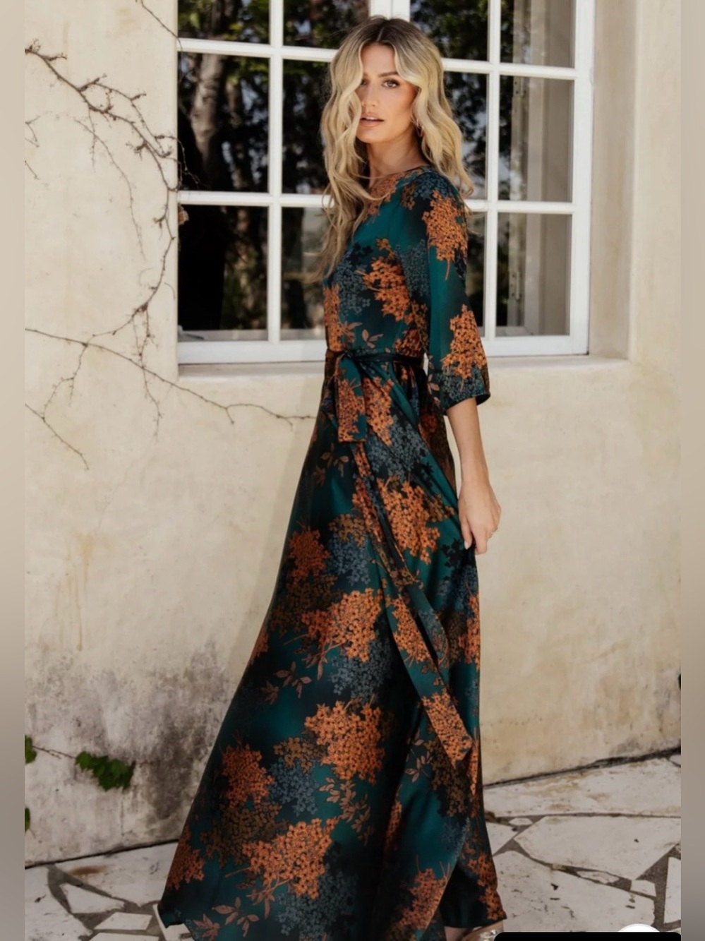 NWOT BalticBorn Floral Satin Maxi Dress 3/4 Sleeve Dress (No Belt) Sz M